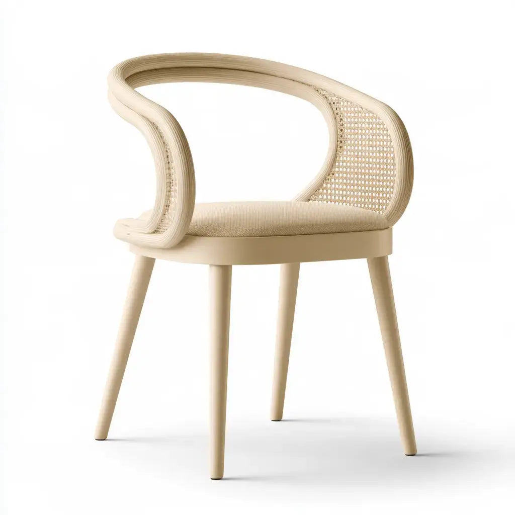 Silla beige con respaldo abierto de trama fina, de la marca washablesofaco, para comedor o sala de estar.