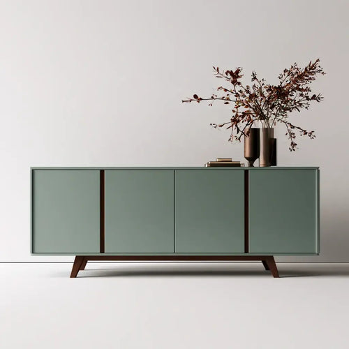 Aparador Washablesofaco con frentes lisos, patas inclinadas en verde y marrón, mueble de estilo moderno para sala o comedor.