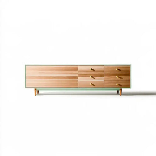 Aparador beige con frentes geométricos y cajones laterales, mueble de la marca washablesofaco, para sala o comedor.