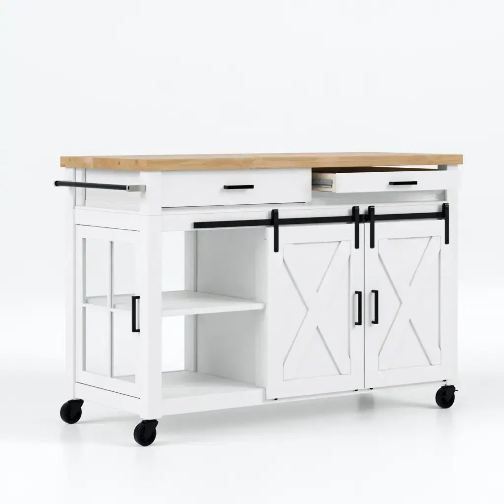 Isla de cocina con puertas cruzadas y estantes laterales - blanco/beige
