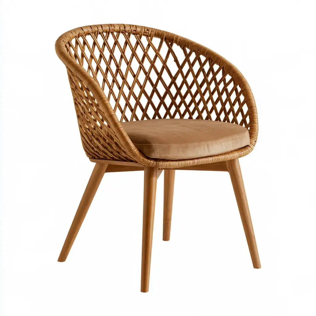 Silla con respaldo envolvente entrelazado de color marrón, en estilo moderno y cómodo, de la marca washablesofaco.