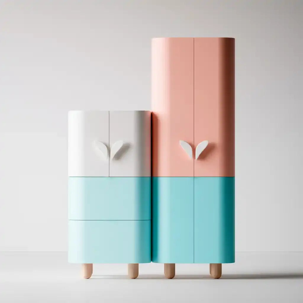 Armario con módulos escalonados de colores - rosa/blanco/turquesa